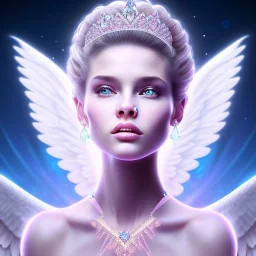 portrait of a beautiful woman with an angel face smiling, pink and blue dress, jewels, soft light aura