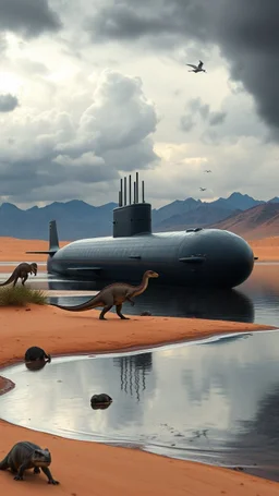 A nuclear submarine side view appeared in the desert on a little lake with sands T rex dinosaurs are in it and around it and stormy clouds , and some mountains in the distance background