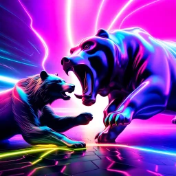 brightly coloured 3D infinity symbol ∞, bull on right beating a bear on left in a fight, DSLR with a 80mm lens, set to f/16 and a slow shutter speed of 1/15s, striking, neon, vibrant, chiaroscuro, dramatic, captivating, high-tech, powerful, fantasy, beautiful, octane render, 16k post-production, artstation: award-winning: atmospheric: commanding: fantastical: clarity: ultra quality: striking: brilliance: stunning colors: amazing depth; lens: f/11, 35mm