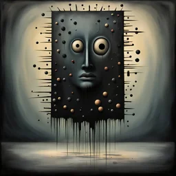 creative surreal horror composition in style of desmond morris and Ben Goossens, divorced from reality, dark shines, surreal oil painting masterpiece, sinister weird, abstract braille glyph vertical textures