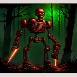 90's TCG art retro fantasy art of rusted skeleton robot with laser gun