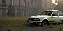 an abandoned 1990 bmw 2-door overgrown by nature with dust ,ultra realistic,concept, 4k ,on street, parked in crowded city winter,8k resolution, high-quality, fine-detail