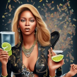 beyonce playing rock paper scissors while drinking a margarita and wearing a large "Terminal" logo