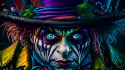 The mad hatter with extremely detailed bulging eyes and a hed bigger than his body, bright vibrant colors, intricate details, HDR, beautifully shot, hyperrealistic, sharp focus, 64 megapixels, perfect composition, high contrast, cinematic, atmospheric, moody,