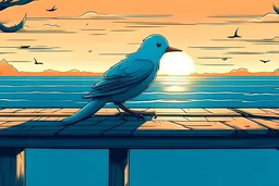 Create an illustration of a bird with a broken wing lying limp on the edge of the pier and looking at the view of the sea and sunset. Make it sad vibe and aesthetic. Make it more sad