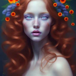 Perfect flawless Beautiful red-haired girl with gorgeous long curly hair and blue eyes in a wreath of hyper-realistic Rowan on her head, no mistakes, flawless painting, beautiful art, realistic, hyper-realistic, life-like; by Ricardo Chavez-Mendez; Deep Colors; 8K