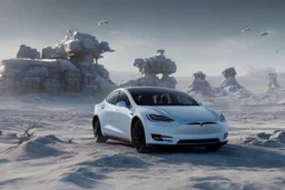 A Tesla 'Model Y' is parked, on the planet 'Hoth'. CINEMATIC. WIDE ANGLE LENS. PHOTO REAL.