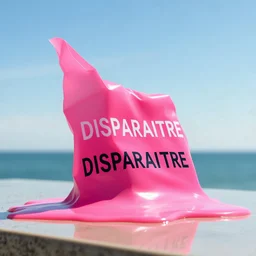 plastique rose qui fond au soleil, avec le mot français "DISPARAITRE"