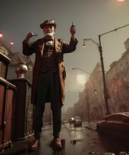 Surreal, steampunk, cabaret scene. Russian old man. Sweat, rain, smoking, happy, hot, people background, highly detailed, concept art, unreal engine 5, god rays, ray tracing, RTX, lumen lighting, ultra detail, volumetric lighting, 3d, finely drawn, high definition, high resolution.