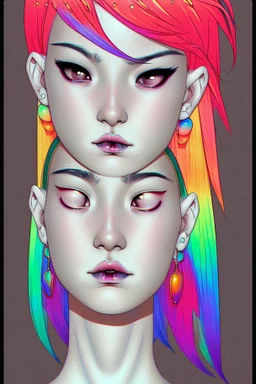 Asian androgynous girl, in detailed 80's graphic novel illustration, piercings, rainbow hair, androgynous look, epic colour treatment, cinematic colour treatment