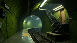 GAME CONCEPT ART .two poin perspective.Station platform and stairs from side .photograph inside of hole .very big ambient.gient station.Inside the old subway tracks, . Low light and closed green moss walls. Like the original design of the game space ,digital art.landscape,far camera old painting,2 Chen and George Hopper, Rembrandt lighting, a dark green color scheme, . --ar 13:16 --v 6. 0 metro game