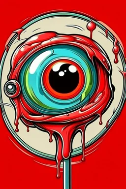 Cartoon bloody eyeball lollipop. illustration, 90s airbrush style, manga inspired, horror art, junji ito , exaggerated