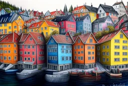 Colored pencil drawing, Very detailed, Drawing of the colorfull houses in the city Bergen in Norway. Colorfull, professional, detailed, pencil strokes, calm composition, zoom out, very detailed and realistic