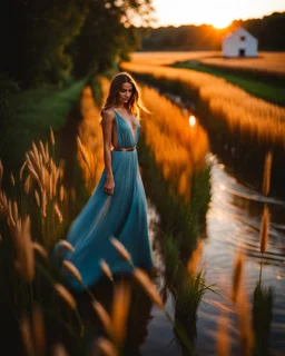 wide angle long shot of golden wheat field next to river ,a watermill on river, a beautiful girl in pretty long dress walking in