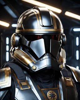 star wars bald male corellian pilot wearing pearlescent black and gunmetal grey First Order special forces heavy assault stealth commando armor and helmet with gold trim inside the jedi temple, hyperdetailed, dynamic lighting, hyperdetailed background, 8k resolution, volumetric lighting, light skin, fully symmetric details