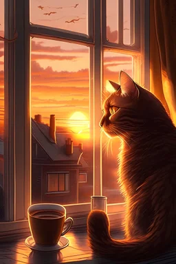 قطة بنية تعيش في منزل وتشرب القهوة على النافذه و ورائها منظر الغروب