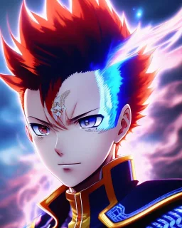 Detailed anime portrait of shoto from my hero academia, red and white hair split down the middle, blue suit, intricate details, full body portrait, keep head in frame, slight smile, black Japanese motif, concept art, highly detailed, digital painting, concept art, sharp focus, illustration, art by Yoji Shinkawa, WLOP and greg rutkowski and alphonse mucha and artgerm and yanjun Chen and Junji ito and Makoto Shinkai, HDR, octane render