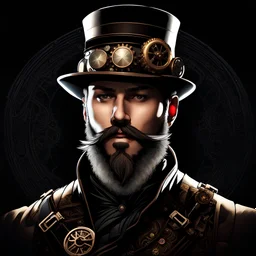 On a black background, in the center, there is a man with a beard wearing Steampunk attire and a cool hat. Behind the person, there is a subtle glow, creating a captivating effect.