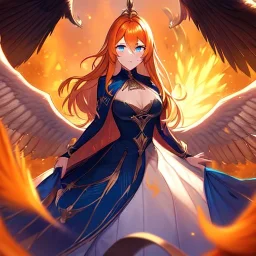 girl, masterpiece, best quality, volumetric lighting, detailed outfit, perfect eyes, orange hair, blue eyes, long hair, phoenix wings,