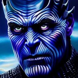 Ultra detailed fullbody Portrait in oil on canvas of Night king merges with Thanos,intense stare,extremely detailed digital painting, extremely detailed face,crystal clear Big eyes, mystical colors ,perfectly centered image, perfect composition, rim light, beautiful lighting,masterpiece,8k, stunning scene, raytracing, anatomically correct, in the style of robert e howard and Ken Kelley and Ohrai Noriyoshi and Simon Bisley and tomzj1