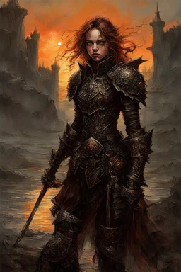 A formidable warrior girl in black armor, on the background Amazing gloomy landscape, flooded with sunset, mountains, trees, fabulous scary hero, , juicy emotions, painting, dark fantasy, gloomy day, dark world, portrait, Gothic Town At Night, Fantasy, Intricate Details, Castle Courtyard Gardens, Hyper Detailed, Jean Baptiste Monge, Carne Griffiths, Michael Garmash, Seb Mckinnon, Masterpiece