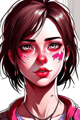 close up headshot portrait of beautiful 18-year-old man who looks like a girl, femboy, feminine, male, brown hair, red eyes, pretty body, perfect face, Wadim Kashin, James Gurney, Ink, splash art, amazing beauty, college campus background, has pink accents on clothes, anime style, 8k resolution, high definition