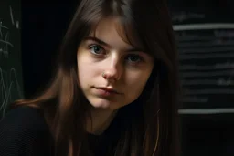 Ragazza di 25 anni con i capelli castani lisci e gli occhi neri che scrive su una lavagna dei calcoli matematici, con le sopracciglia sottili