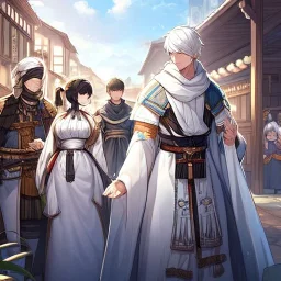 White haired girl with blindfold wearing white robes. Boy with black hair in peasant clothes. Background medieval market