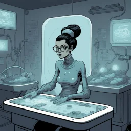 [mexican comics Head Lopper style by Andrew MacLean] In the soft glow of the alien spacecraft's sterile examination room, a brunette with glasses and a neat bun lay sprawled on the cold, metallic operation table. Her slender form was bathed in the eerie light emanating from strange, pulsating devices around her. The aliens, with their otherworldly features and advanced technology, moved around her with a mix of clinical precision and curious fascination.