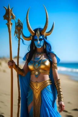 A picture of a blue faced Indian goddess with skin painted blue, wild black hair, stag horn antlers, elven ears, golden skirt, holding a staff on a sunny beach