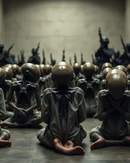 aliens prisoners sitting and bowing hands on the floor, hands are tight to the back and heads with many arms guards with weapons in the background