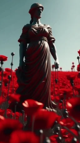 statue of justice in a field of red poppies.cinematic