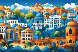 Indian landscape, typical and beautiful buildings, bright blue background