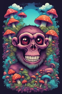 Psychedelic monkey skull looking high and grinning, surrounded by clouds and overgrown with psychedelic mushrooms. Digital drawing. Colorful. t-shirt design. Cartoon. Digital cartoon. Mid detailed