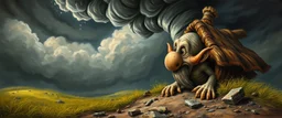master oil painting by Rembrandt, good afternoon clay golem peeking out of a storm twister whirlwind, in the style of disney