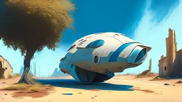 Small, sleek cargo spaceship, built like a teardrop, landing in an empty ruined alien street, blue sky, foliage