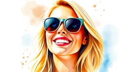 Watercolor happy blonde woman sunglasses portrait head and shoulders