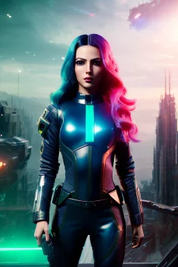 Futuristic soldier, physically fit, latex and leather attire, green hair, blue eyes, intricate eyeliner, vibrant eyeshadow, clear completion, soft lighting, 4k resolution, intricate details, insanely detailed, colorful cityscape background, masterpiece, expert, cinematic smooth, retroanime style, realistic details, no helmet