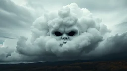 a scary and very pale transparently baby-face made of clouds looking at the camera, gray and dark clouds with black empty eyes on sky, gray-white clouds, autumn wind over the landscape, weird, detailed, haunting, dark crepy mood, nightmare, thriller, mood, dark fantasy