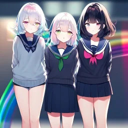 Clear focus,High resolution, Black and Rainbow short fluffy hair, and rainbow eyes, wearing a sailor uniform, must wear a short skirt with a horizontal line, you can only see her from the back, putting on sweater midway