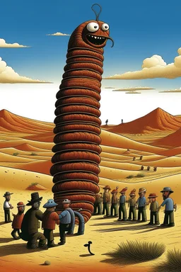 giant worm with pepe on the top smoking in the desert with small people around n the style of Hiroshi Nagai