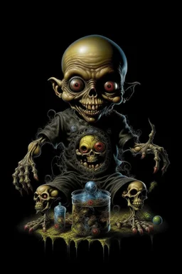 Science experiment Horror Doll by Richard Corben, Todd Schorr, T-Shirt Design, Black Background