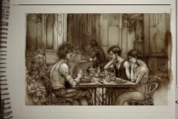 Italian men and women sitting around a pineapple pizza, watching in horror beautiful intricate, soft delicate watercolor, dramatic, perfect composition, by Arthur Rackham Modifiers: highly detailed intricate very attractive beautiful fantastic view watercolor Arthur Rackham Jean-Baptiste Monge Egon Schiele muted tones professional Enki Bilal patchwork watercolor and ink Xuan Loc Xuan