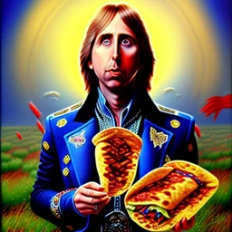 Scottish Tom Petty eating a burrito in heaven, fantasy art, heroic