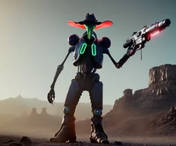 Alien, mech, vest, jellyfishsombrero, metal, holding gun, steel hands, strong, chest plate, holding rifle, pauldrons, pressurized cowboy boots, radium, neon