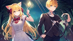 Girl, yellow hair, cat ears, cat tail, bow and arrow in hand, dark forest, boy, boy has bunny ears