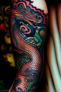 thigh stylized dragon tatoo, stylized snake tatoo wrapped in the things, leg focus, thigh focus