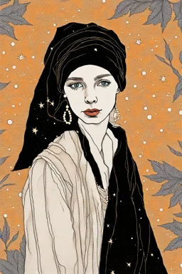 The Girl With A pearl Earring, mixed media, complimentary color, the starry night background, in the art style of Kaethe Butcher, Pierre-Auguste Renoir, Gaelic leafy FolkArt Folklore