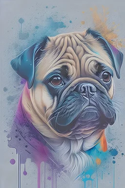Abstract wet watercolour, portrait of a pug