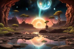 planet in the sky, trees, rocks, rocky land, puddle, sci-fi, landscape, mountains, galactic cosmic influence